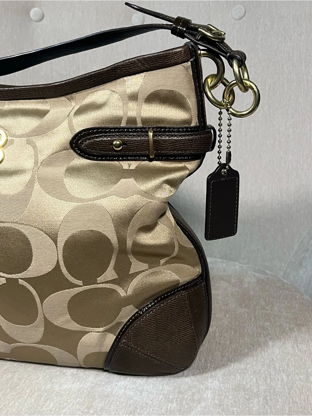 Coach Vintage Shoulder Bag in Khaki and Brown with Signature Jacquard
